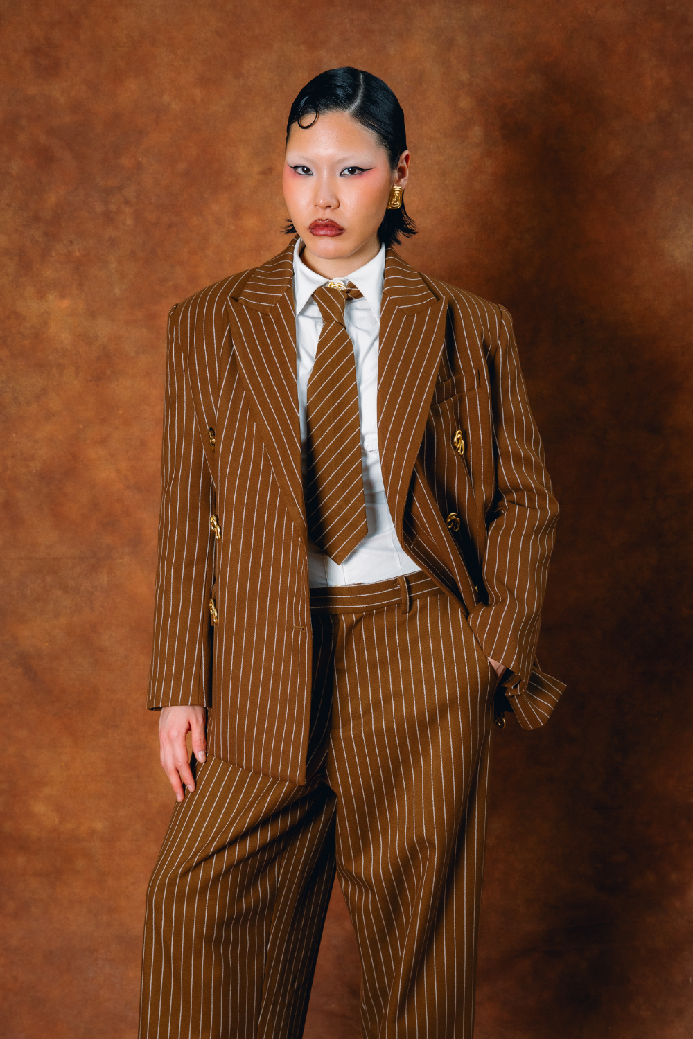 Robyn Double-Breasted Pinstripe Blazer - Caramel – Kai Collective
