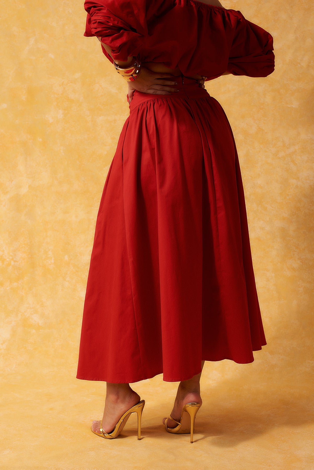 Amaya Cotton Gathered Maxi Skirt - Red