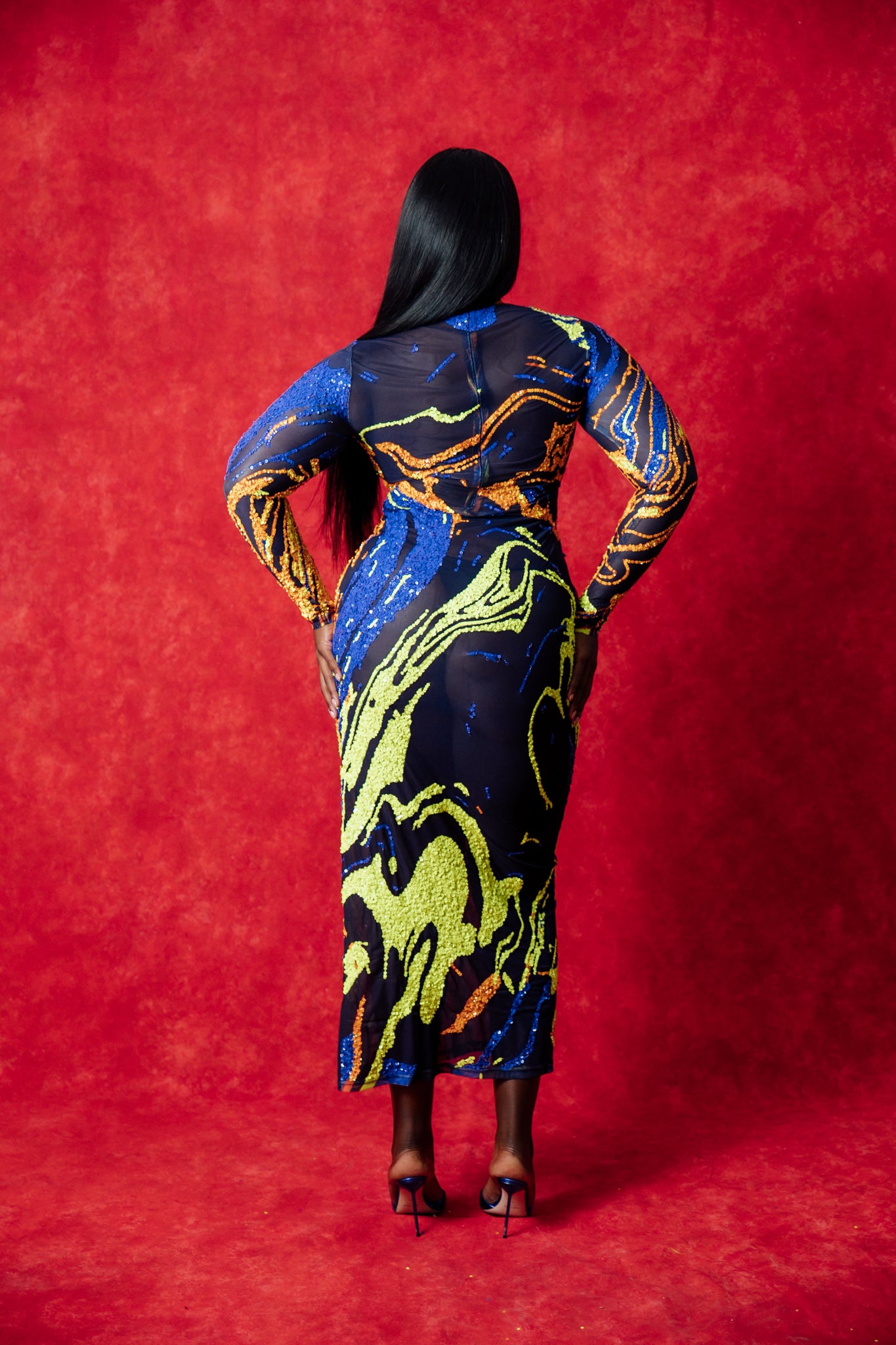 Embellished Gaia Long Sleeve Printed Mesh Dress - Navy