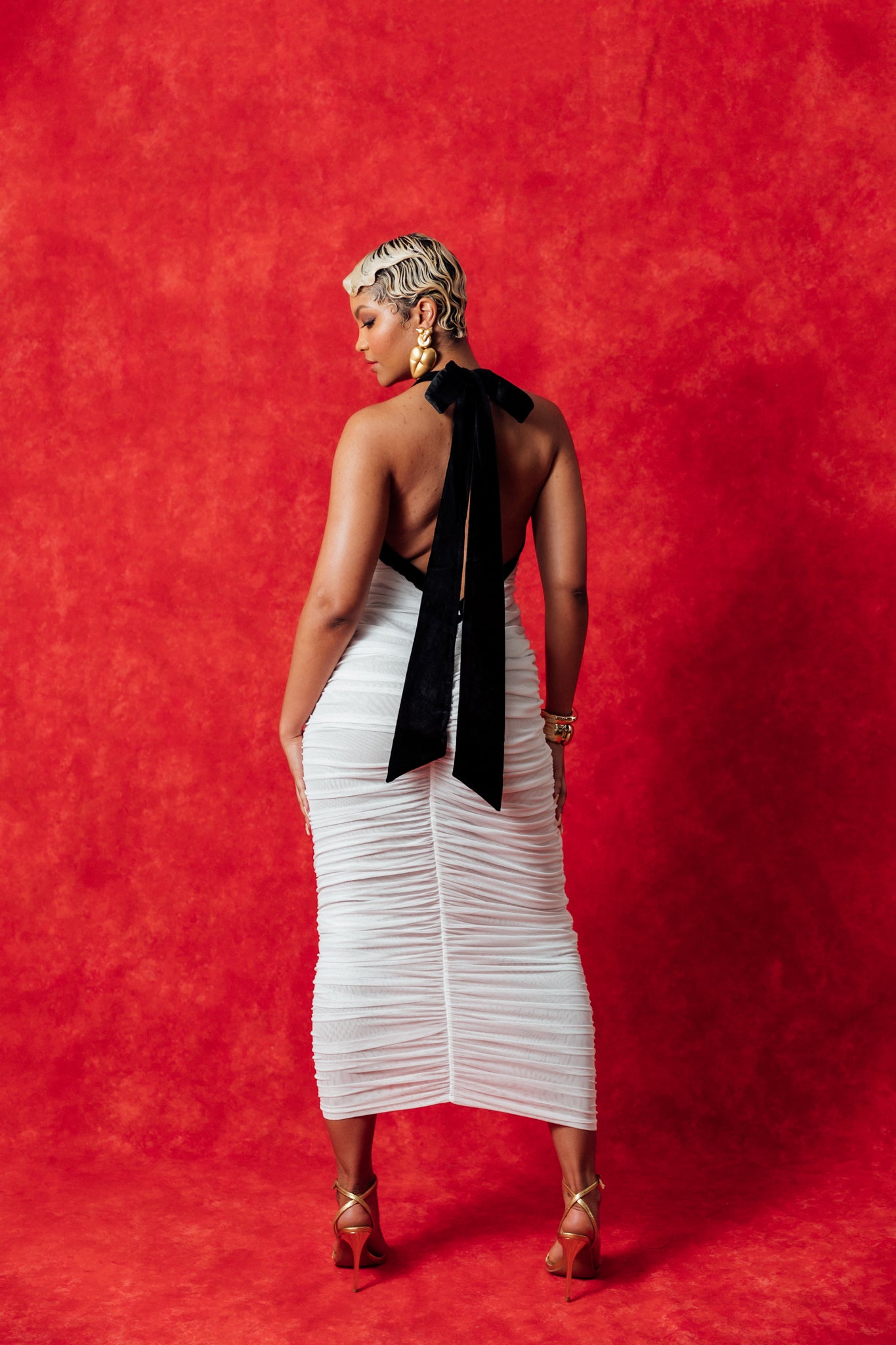 Zara Halter Ruched Backless Mesh Dress - White