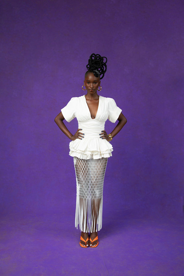 Yumi Faux Suede Laser Cut Skirt - White
