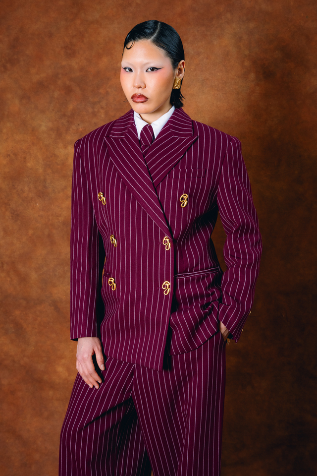 Robyn Double-Breasted Pinstripe Blazer - Bordeaux