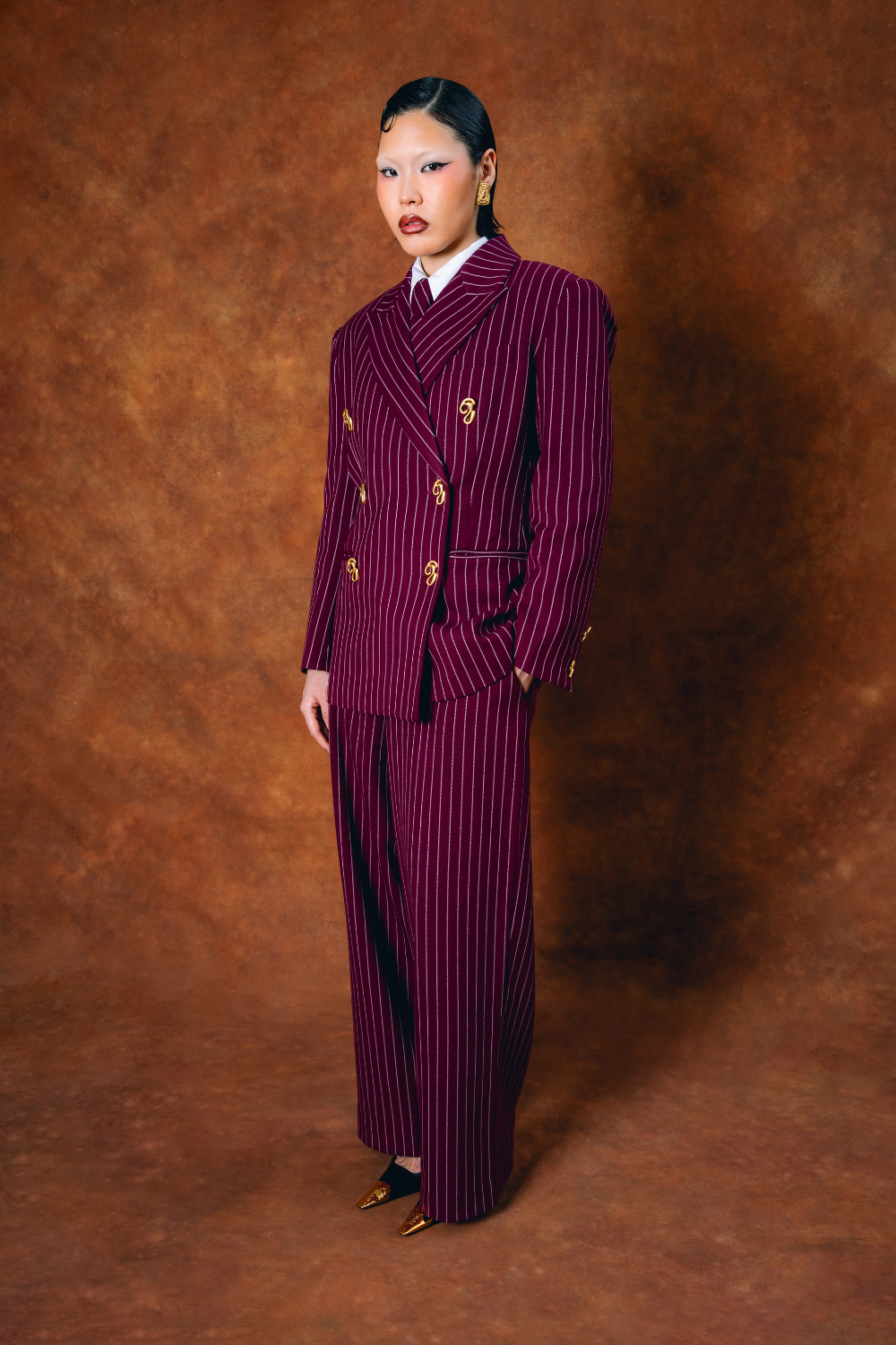 Robyn Double-Breasted Pinstripe Blazer - Bordeaux