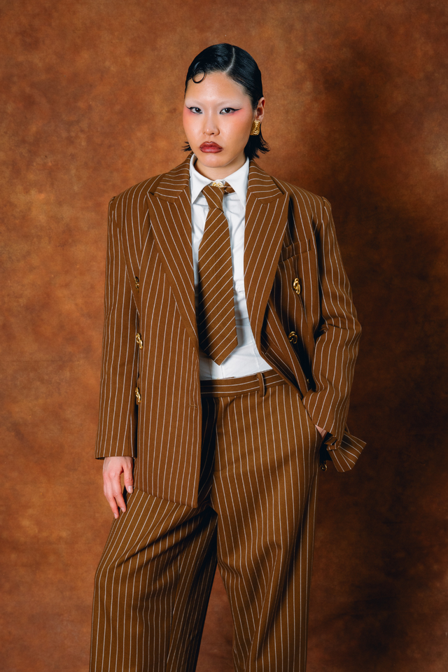 Robyn Double-Breasted Pinstripe Blazer - Caramel