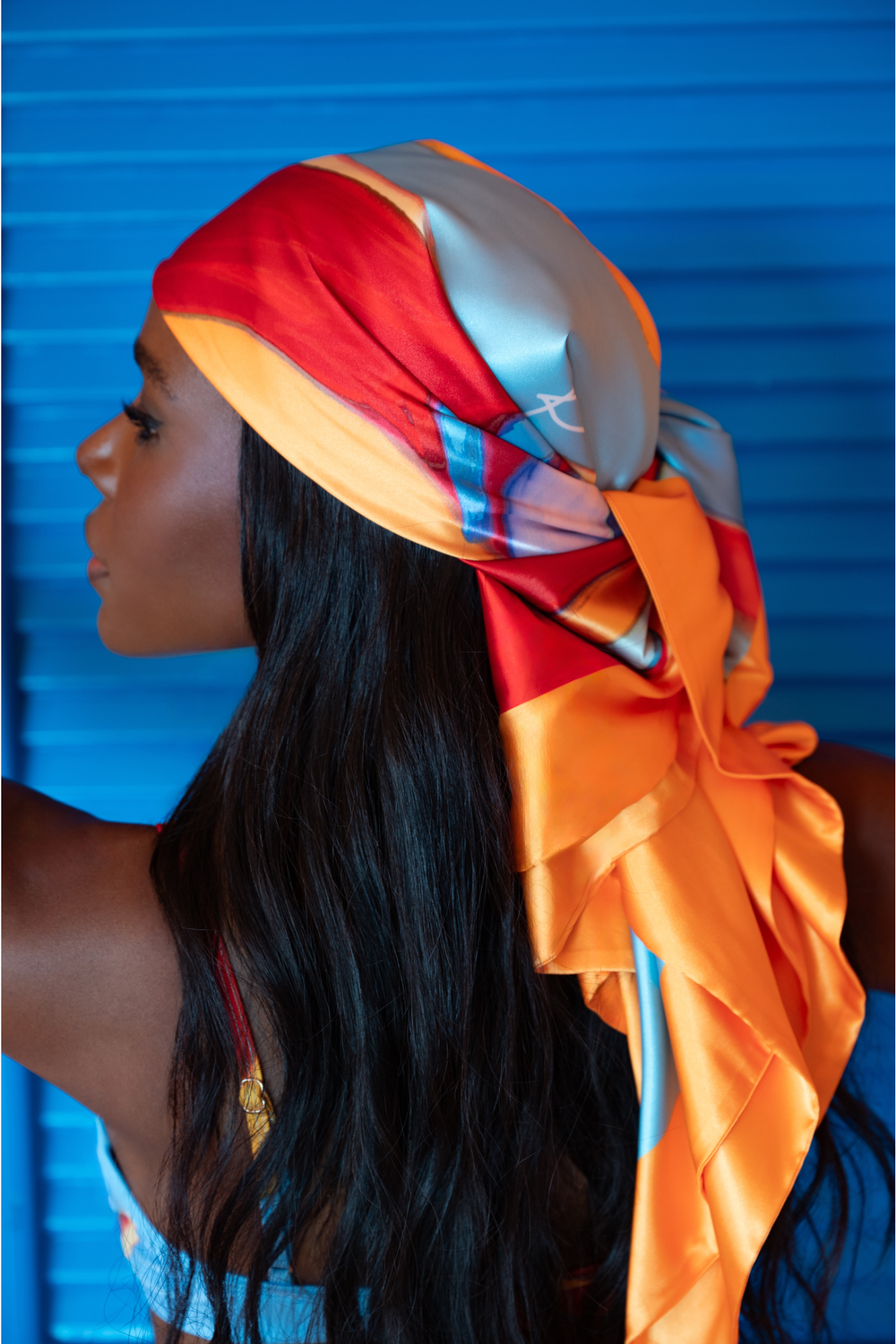 Elysia Silky Satin Scarf - Isimi Print - Blue