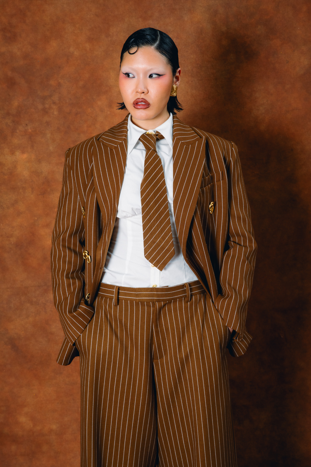 Robyn Double-Breasted Pinstripe Blazer - Caramel