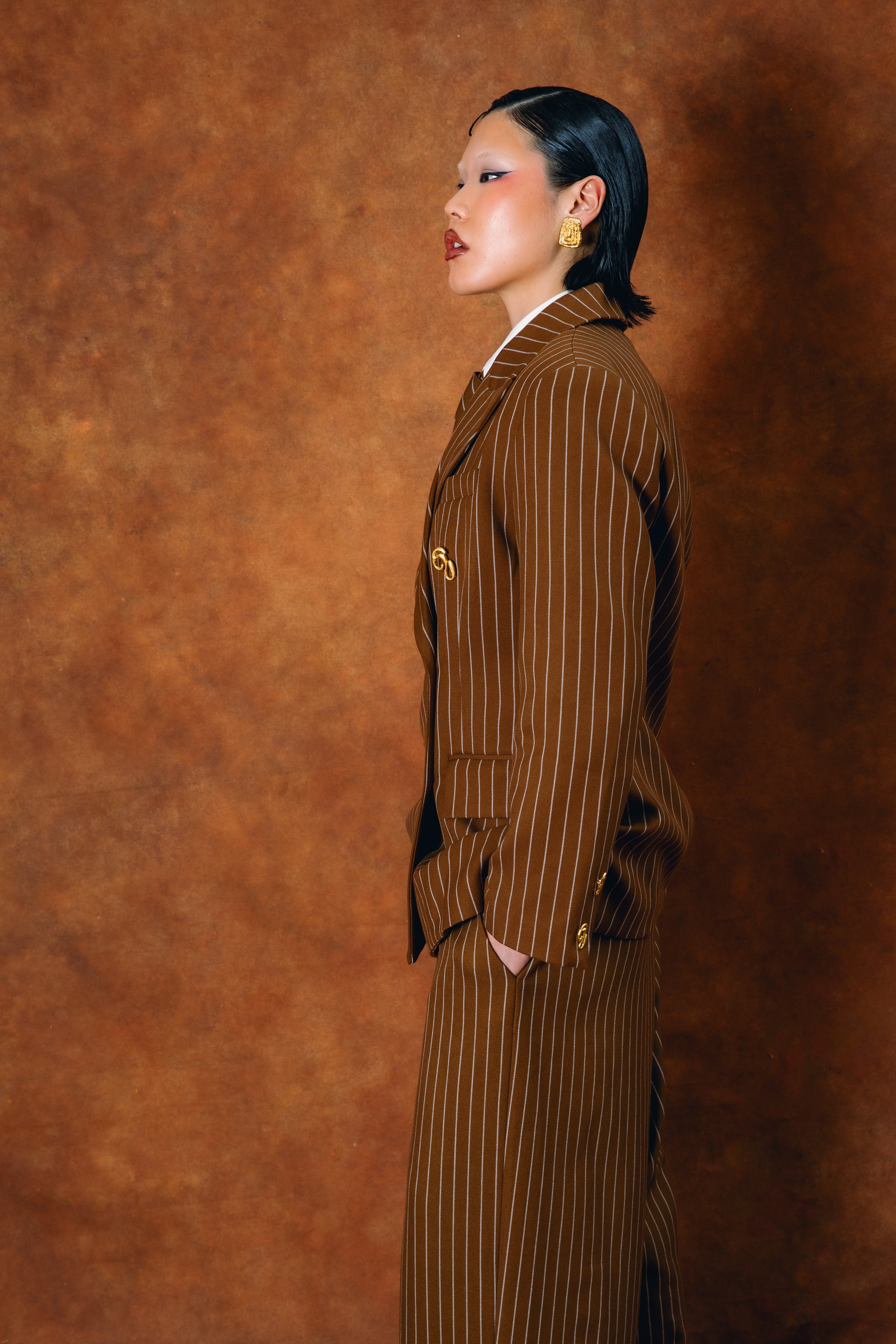 Robyn Double-Breasted Pinstripe Blazer - Caramel