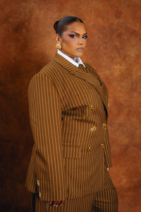 Robyn Double-Breasted Pinstripe Blazer - Caramel