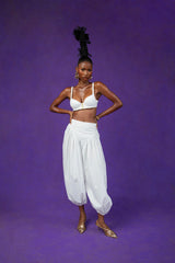Noore Cotton Parachute Logo Embroidered Trousers - White