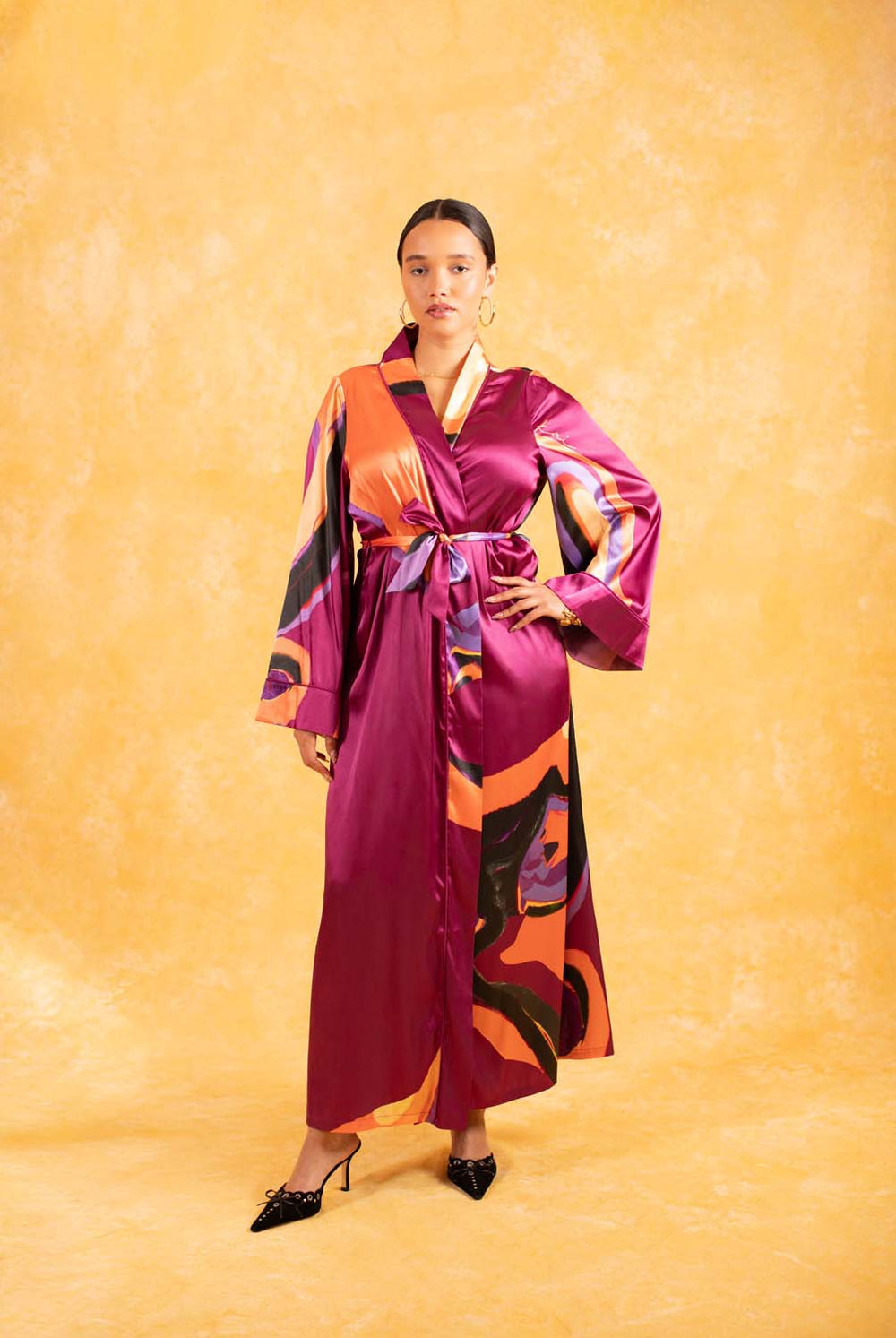 Anaya Silky Satin Printed Robe - Isimi Print - Magenta