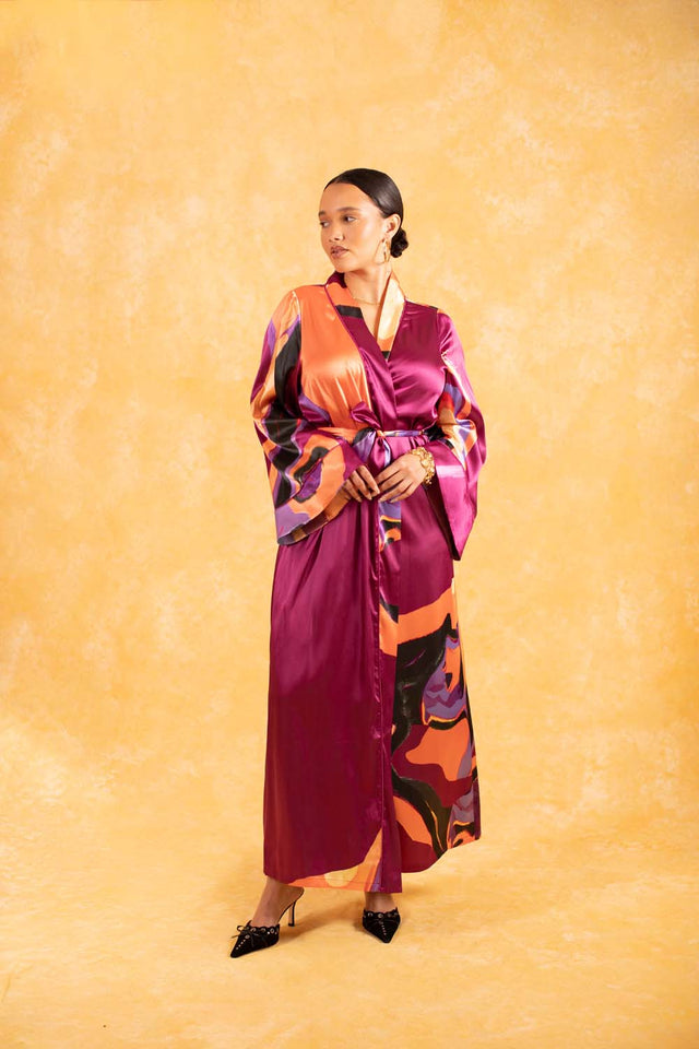 Anaya Silky Satin Printed Robe - Isimi Print - Magenta