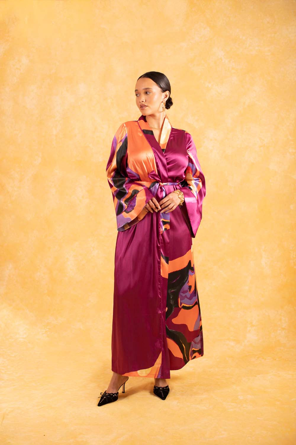 Anaya Silky Satin Printed Robe - Isimi Print - Magenta