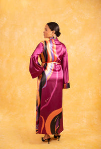 Anaya Silky Satin Printed Robe - Isimi Print - Magenta