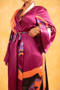 Anaya Silky Satin Printed Robe - Isimi Print - Magenta