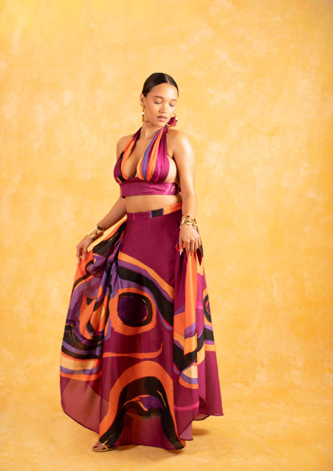 Malia Ruched Silky Satin Printed Maxi Skirt - Isimi Print - Magenta