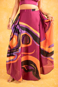Malia Ruched Silky Satin Printed Maxi Skirt - Isimi Print - Magenta