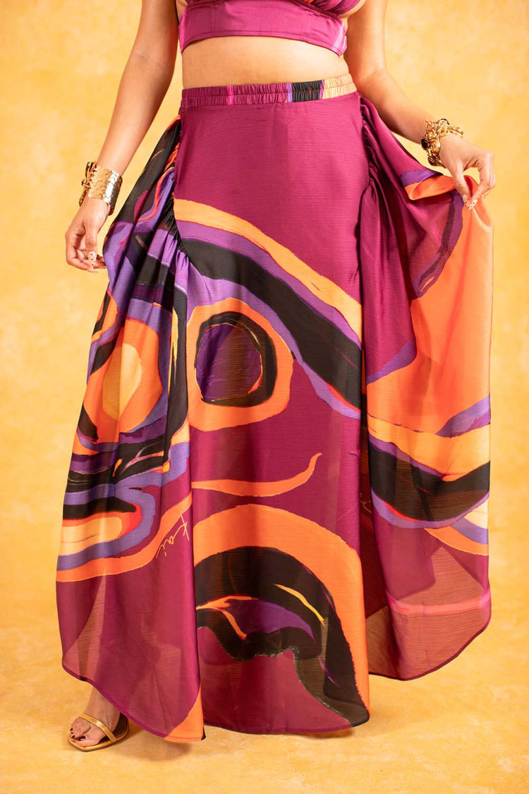 Malia Ruched Silky Satin Printed Maxi Skirt - Isimi Print - Magenta