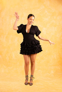 Rina Plunge Ruched Layered Ruffle Dress - Black