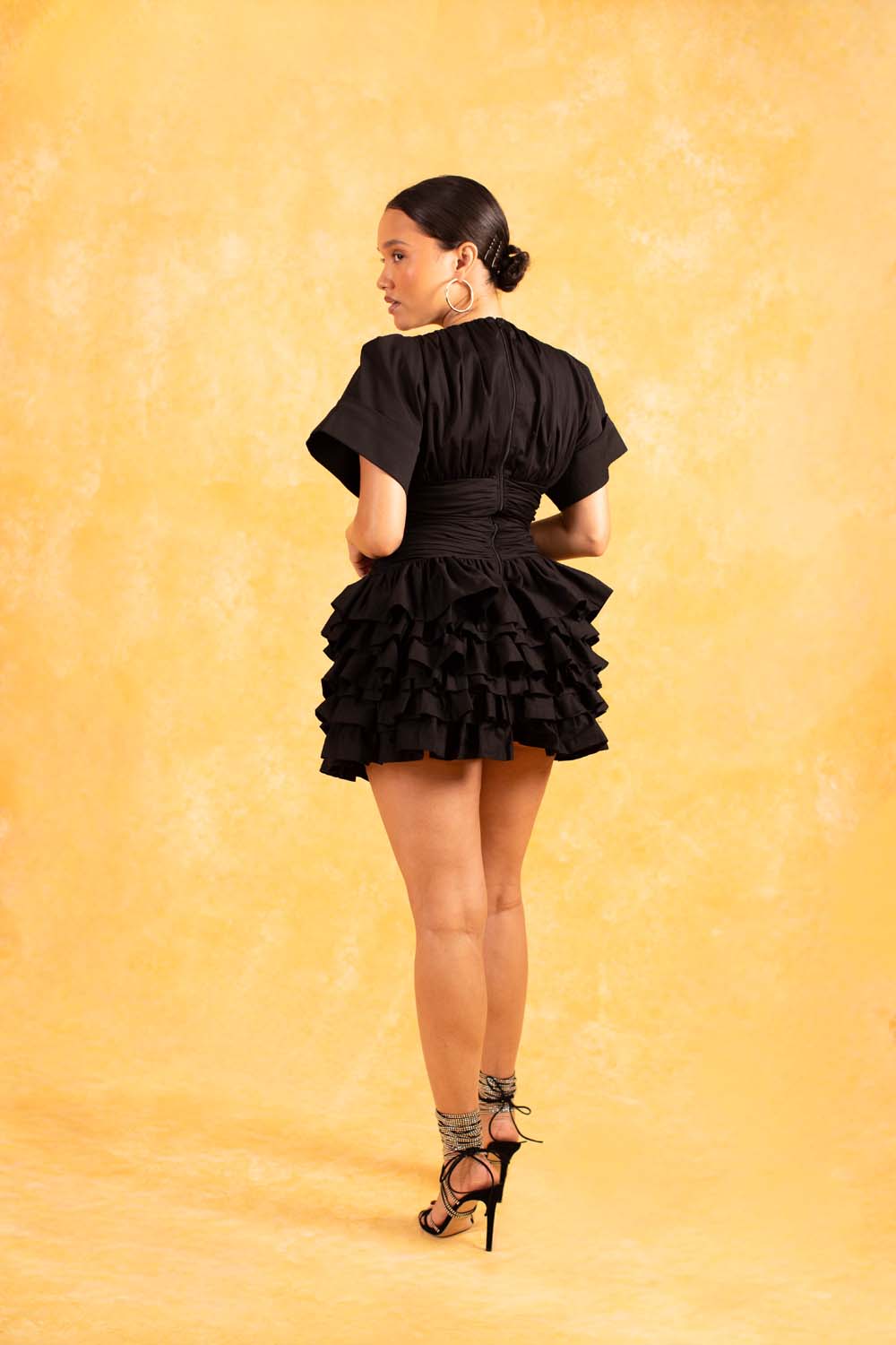 Rina Plunge Ruched Layered Ruffle Dress - Black