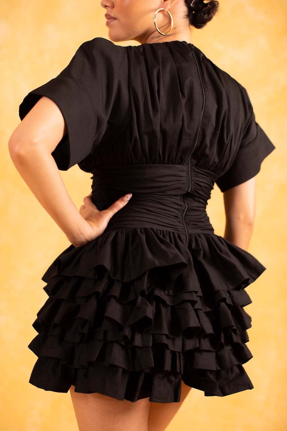 Rina Plunge Ruched Layered Ruffle Dress - Black