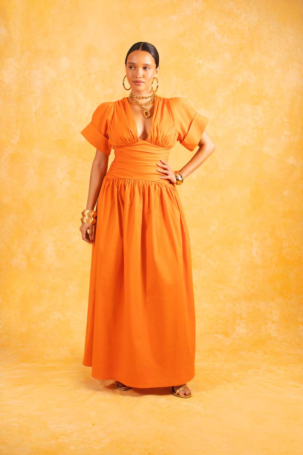 Cleo Plunge Ruched Cotton Dress - Tangerine