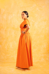 Cleo Plunge Ruched Cotton Dress - Tangerine