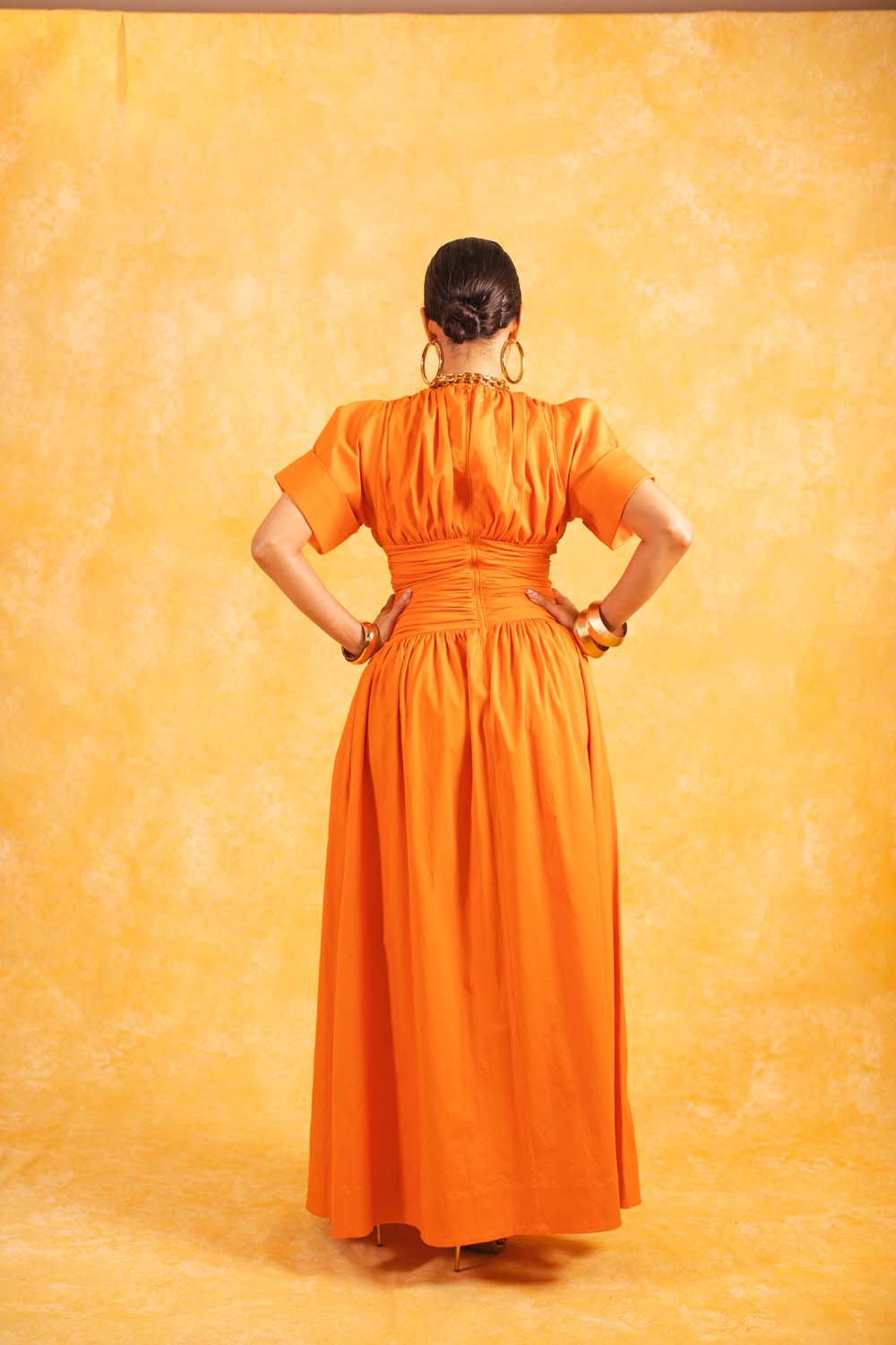 Cleo Plunge Ruched Cotton Dress - Tangerine