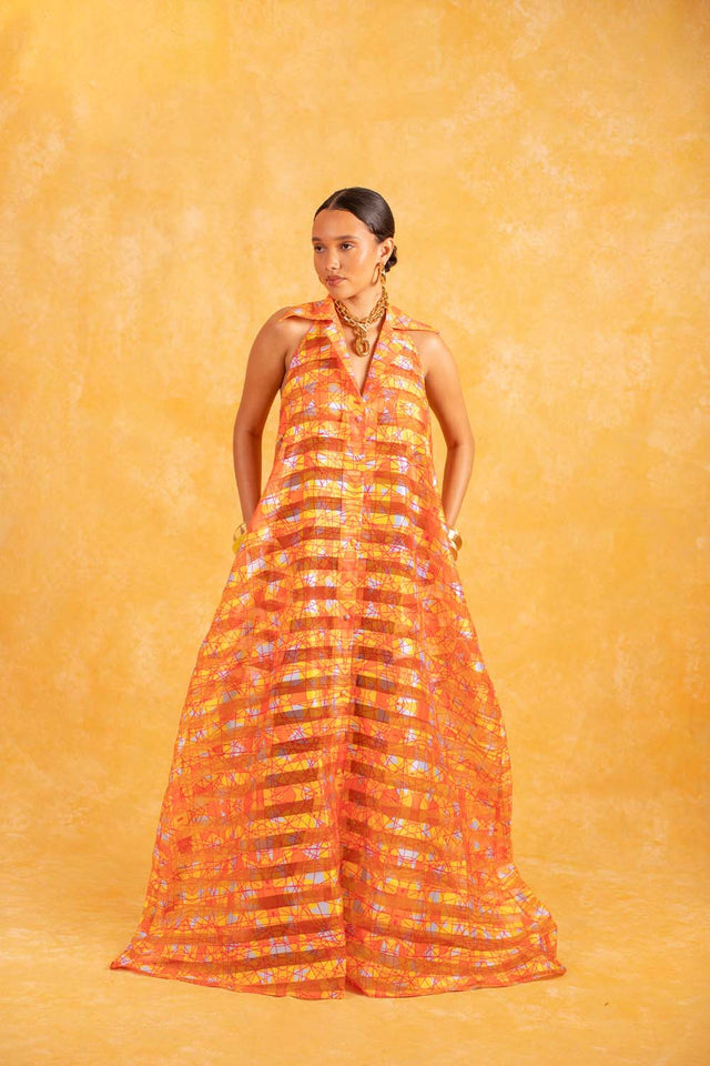 Naya Technical Organza Halter Low Back Shirt Dress - Orange