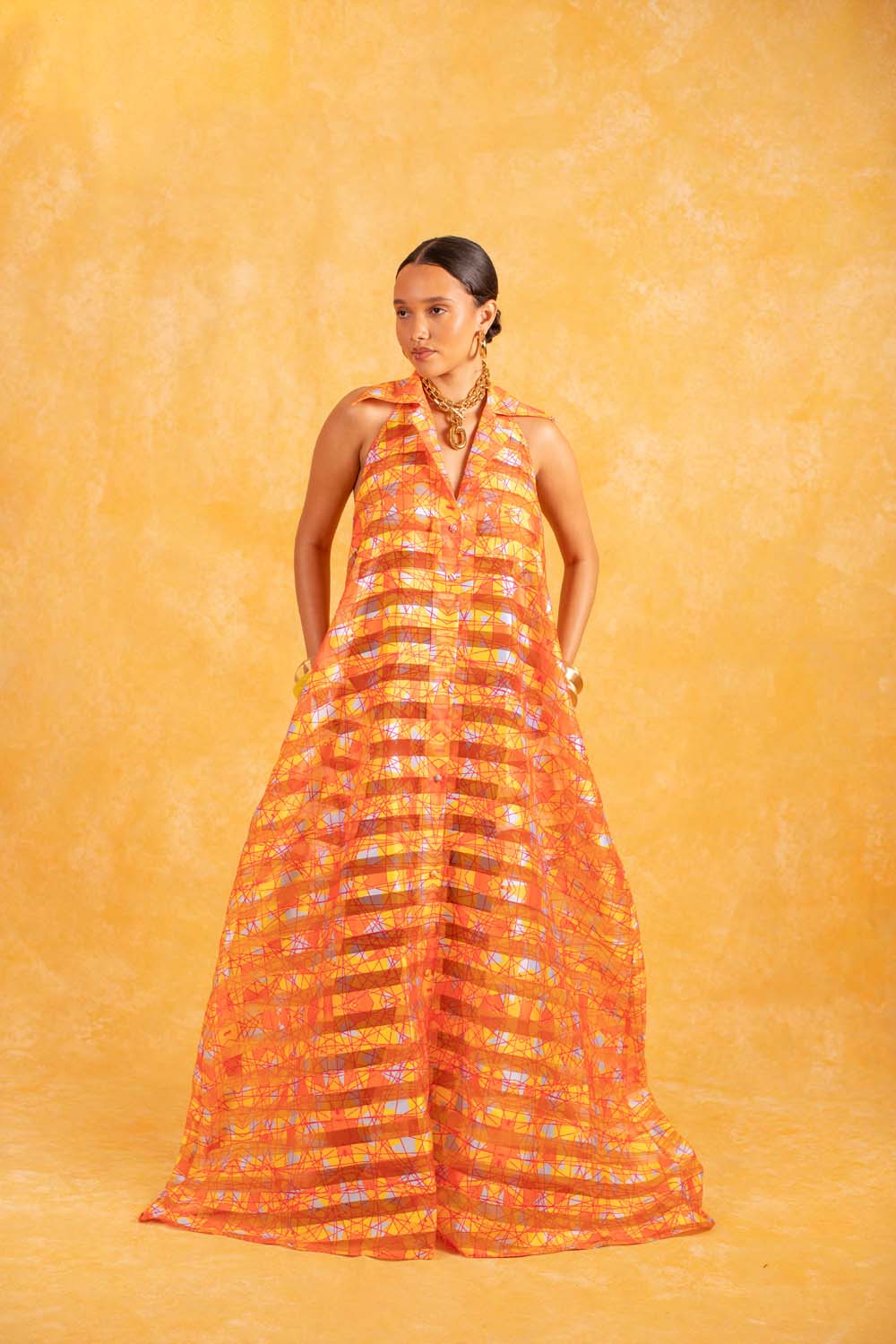 Naya Technical Organza Halter Low Back Shirt Dress - Orange