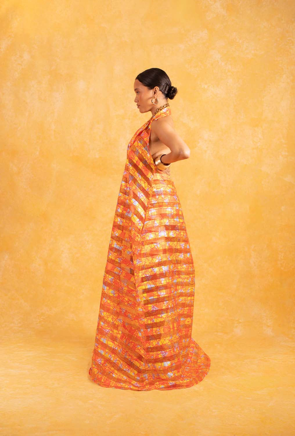 Naya Technical Organza Halter Low Back Shirt Dress - Orange