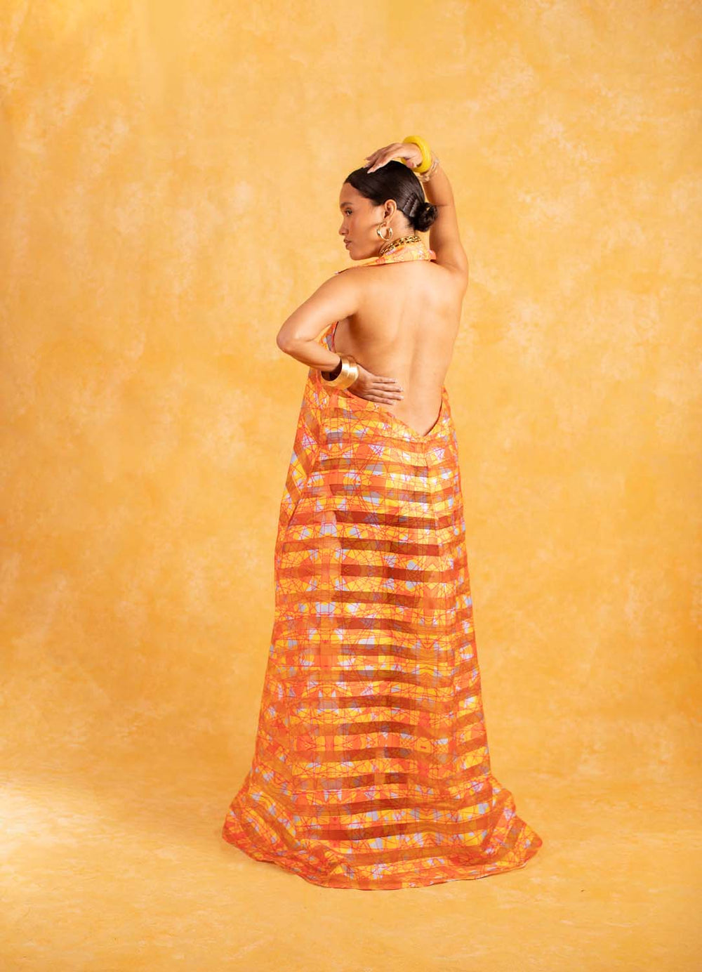 Naya Technical Organza Halter Low Back Shirt Dress - Orange