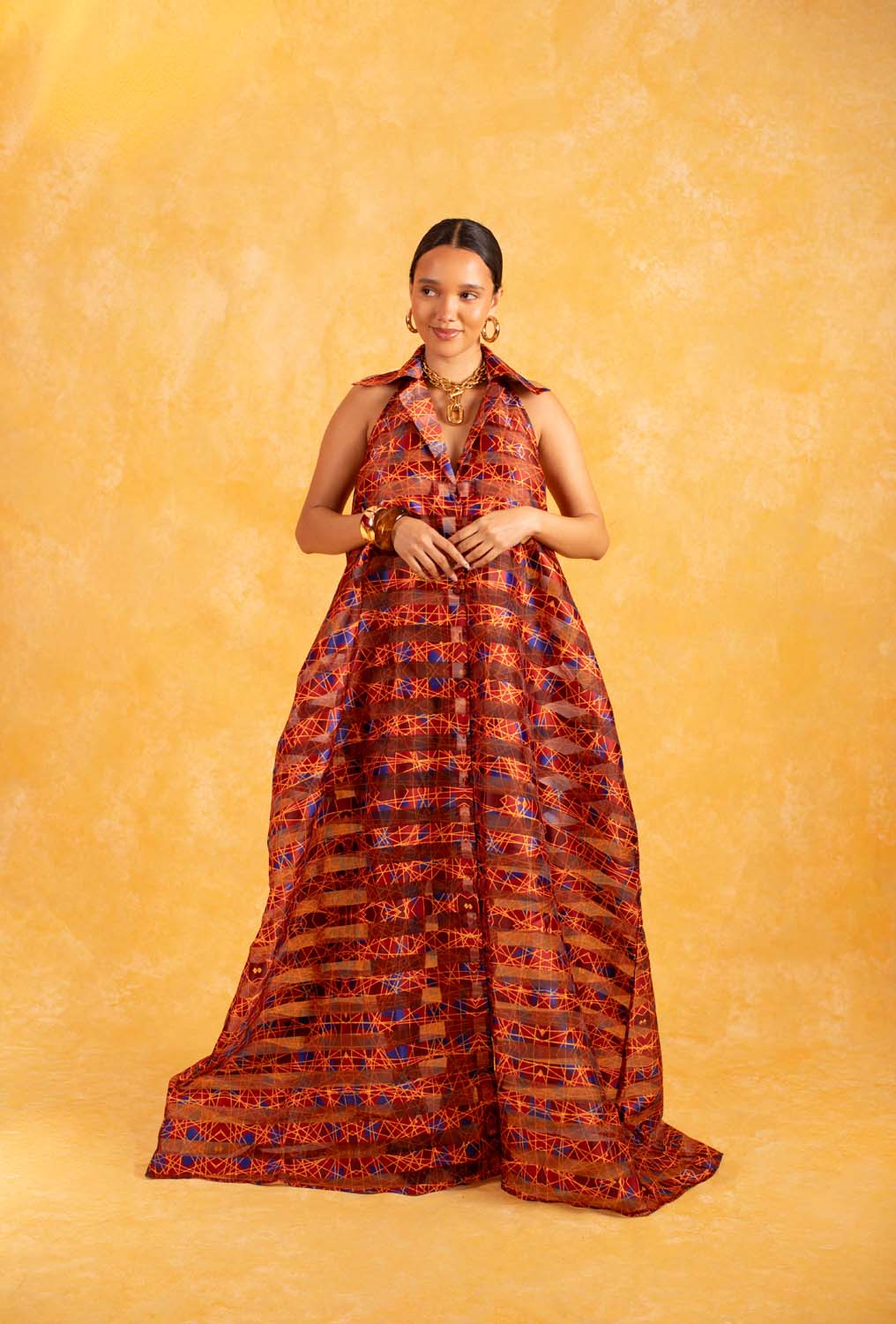 Naya Technical Organza Halter Low Back Shirt Dress - Burgundy