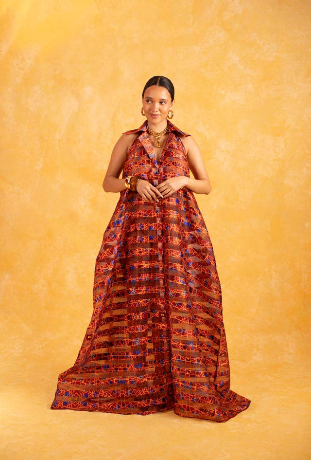 Naya Technical Organza Halter Low Back Shirt Dress - Burgundy