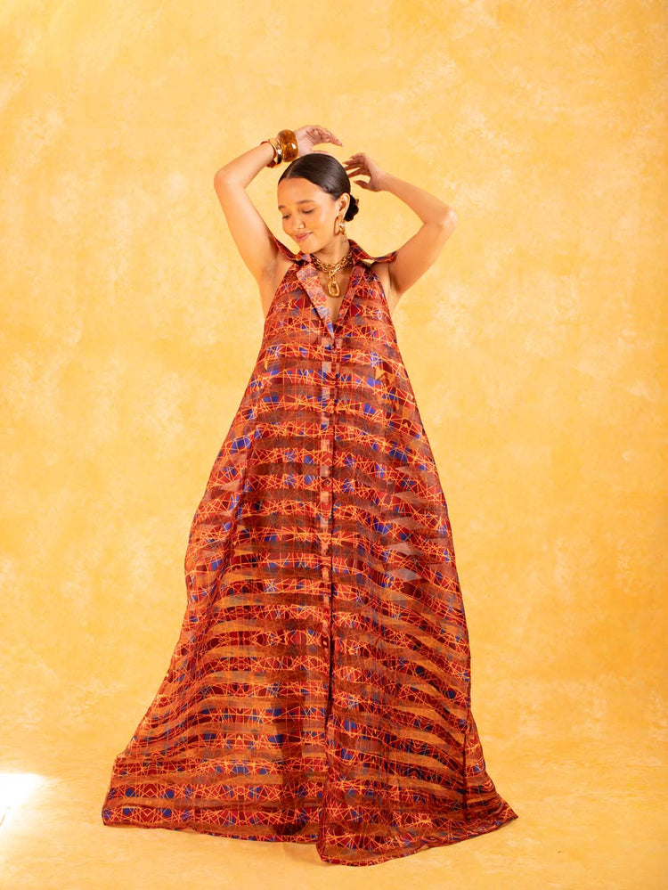 Naya Technical Organza Halter Low Back Shirt Dress - Burgundy