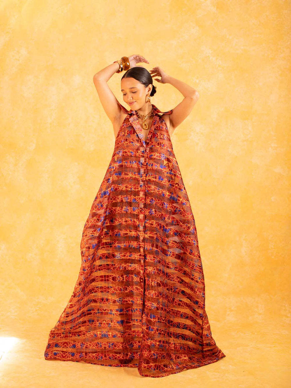 Naya Technical Organza Halter Low Back Shirt Dress - Burgundy