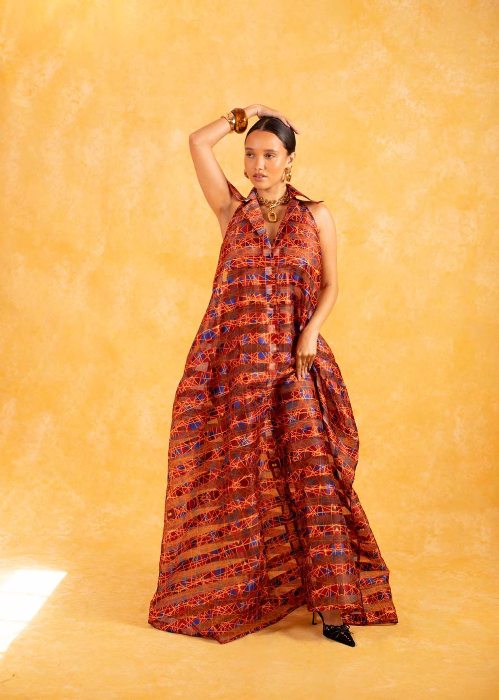 Naya Technical Organza Halter Low Back Shirt Dress - Burgundy