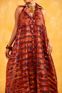 Naya Technical Organza Halter Low Back Shirt Dress - Burgundy