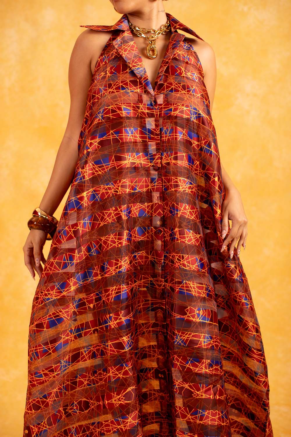 Naya Technical Organza Halter Low Back Shirt Dress - Burgundy