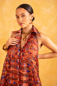 Naya Technical Organza Halter Low Back Shirt Dress - Burgundy