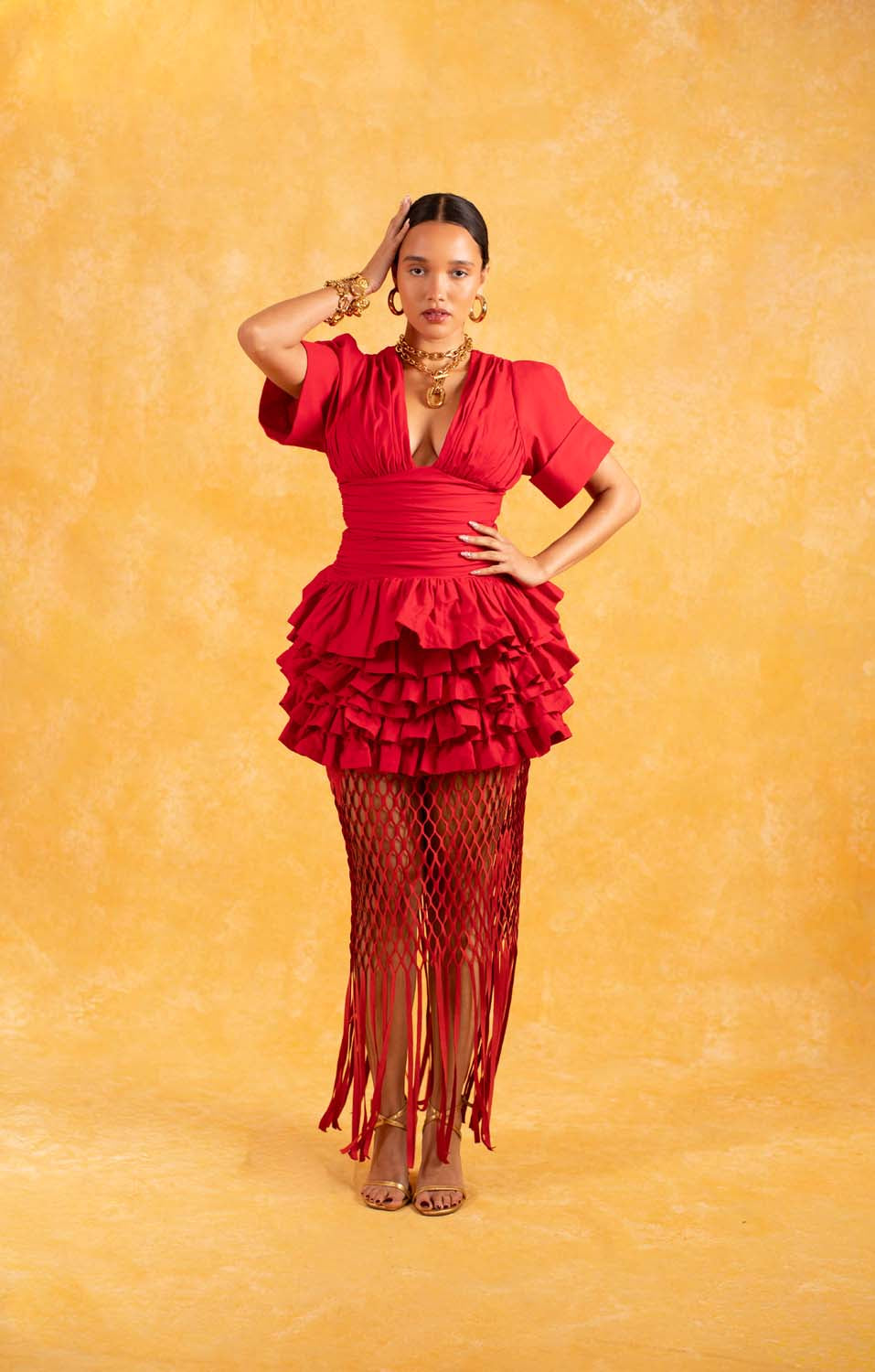 Rina Plunge Ruched Layered Ruffle Dress - Red