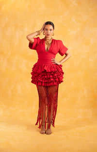 Rina Plunge Ruched Layered Ruffle Dress - Red