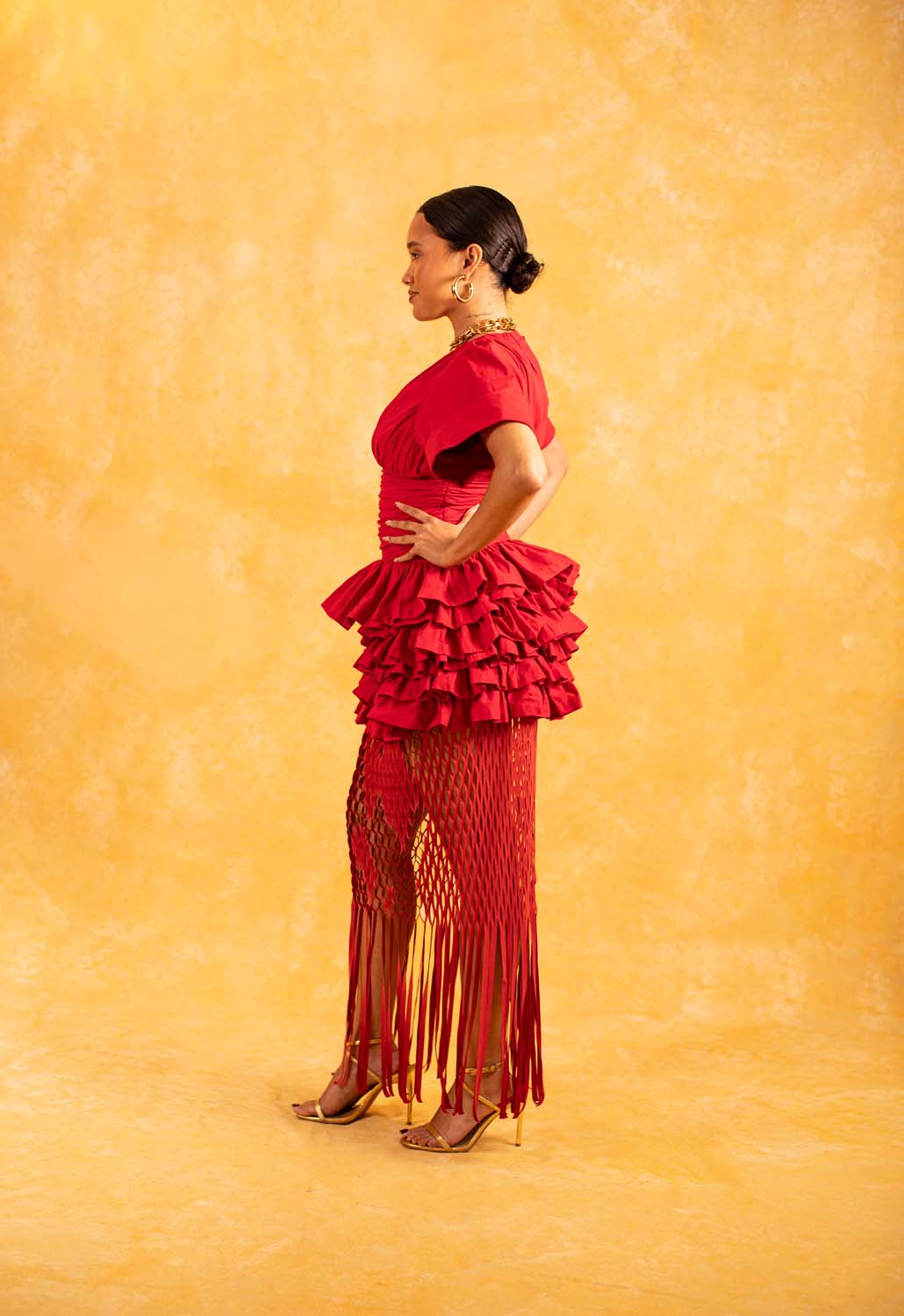 Rina Plunge Ruched Layered Ruffle Dress - Red