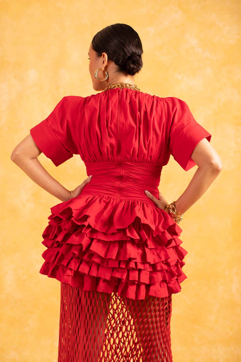 Rina Plunge Ruched Layered Ruffle Dress - Red