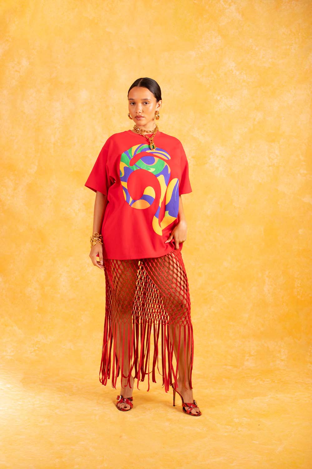 Kaili Oversized Cotton Logo Printed T-Shirt - Red