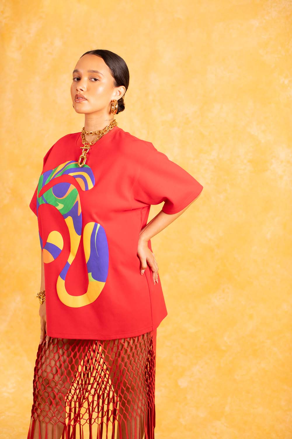 Kaili Oversized Cotton Logo Printed T-Shirt - Red