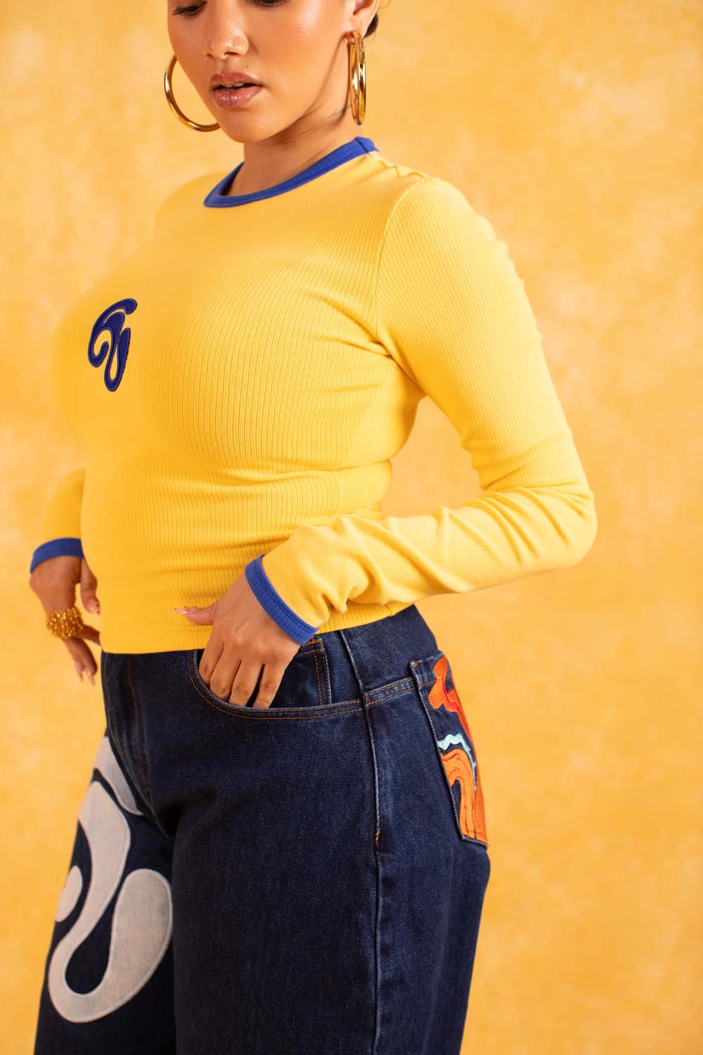 トップス ka17 Nao Cotton Logo Embroidered Long Sleeve Top - Yellow – Kai Collective