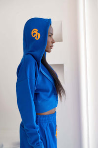 Kaia Logo Embroidered Cotton Zip Up Sweatshirt Cropped Hoodie - Cobalt