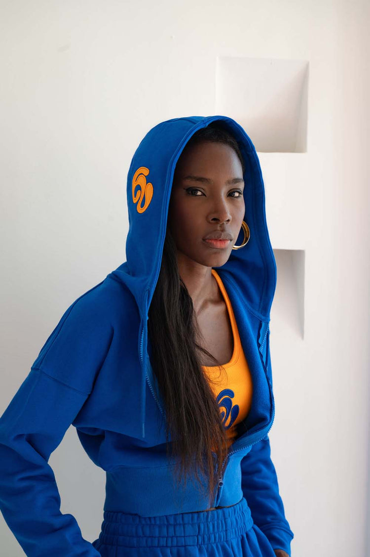 Kaia Logo Embroidered Cotton Zip Up Sweatshirt Cropped Hoodie - Cobalt
