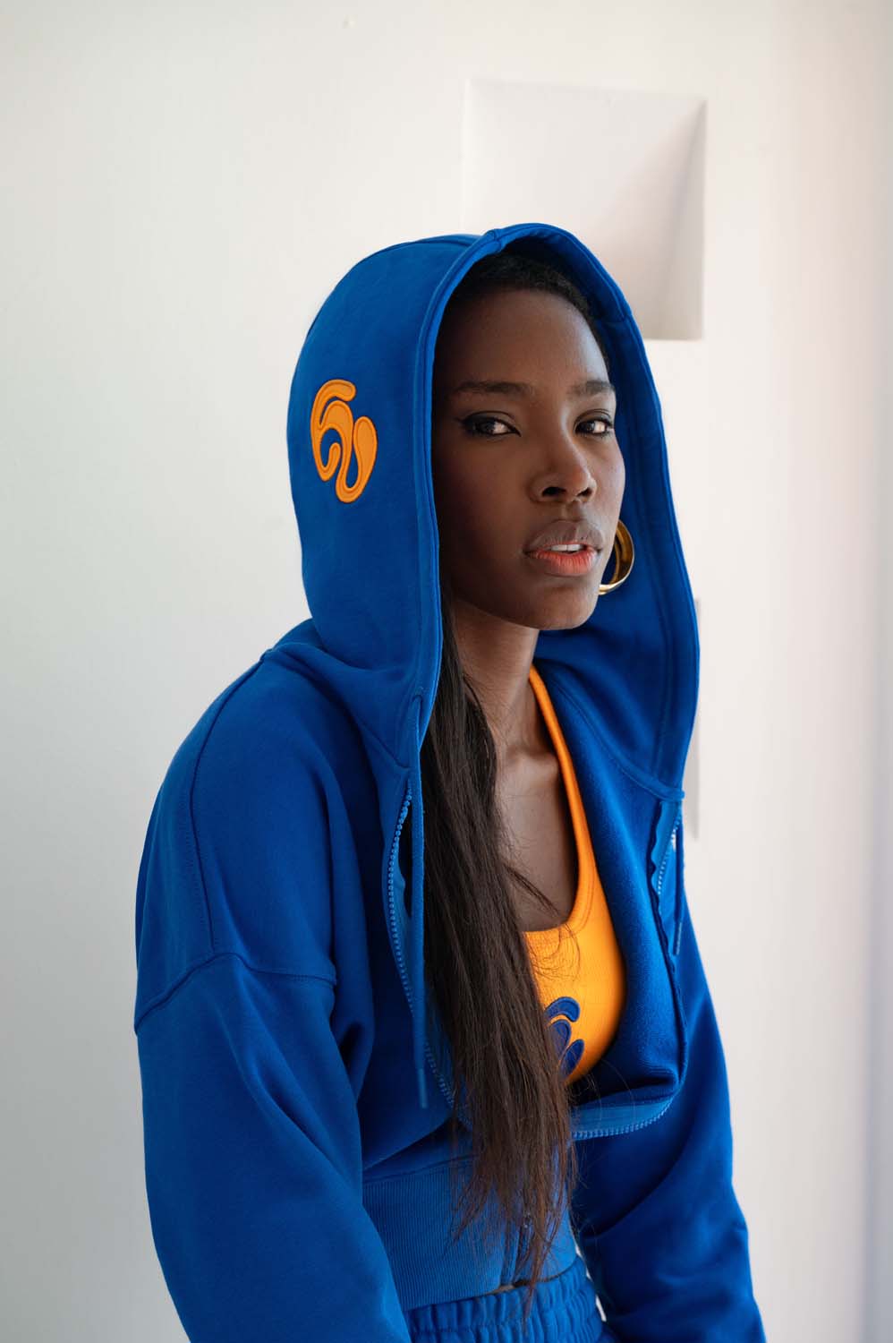 Kaia Logo Embroidered Cotton Zip Up Sweatshirt Cropped Hoodie - Cobalt
