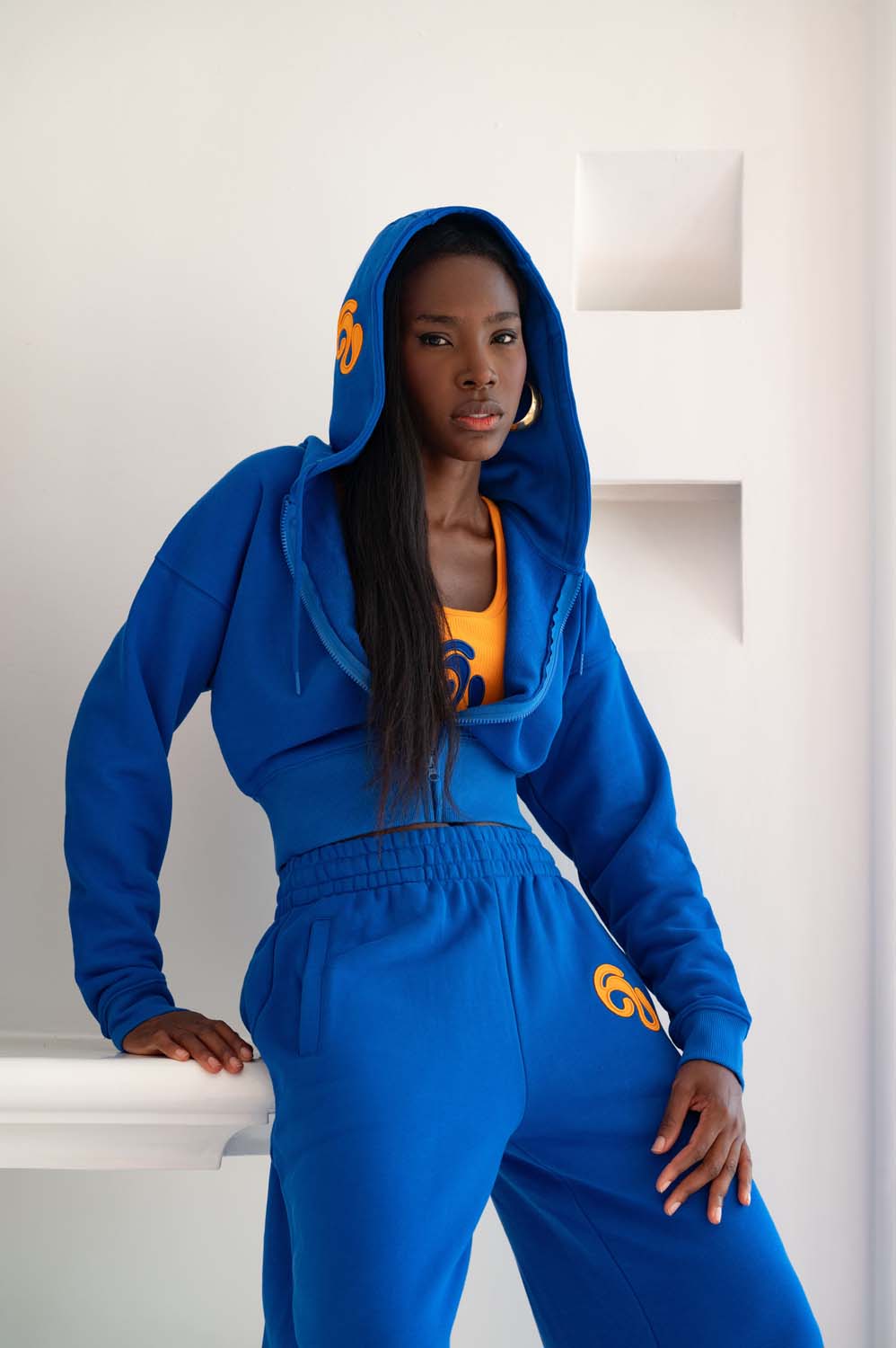 Kaia Logo Embroidered Cotton Zip Up Sweatshirt Cropped Hoodie - Cobalt